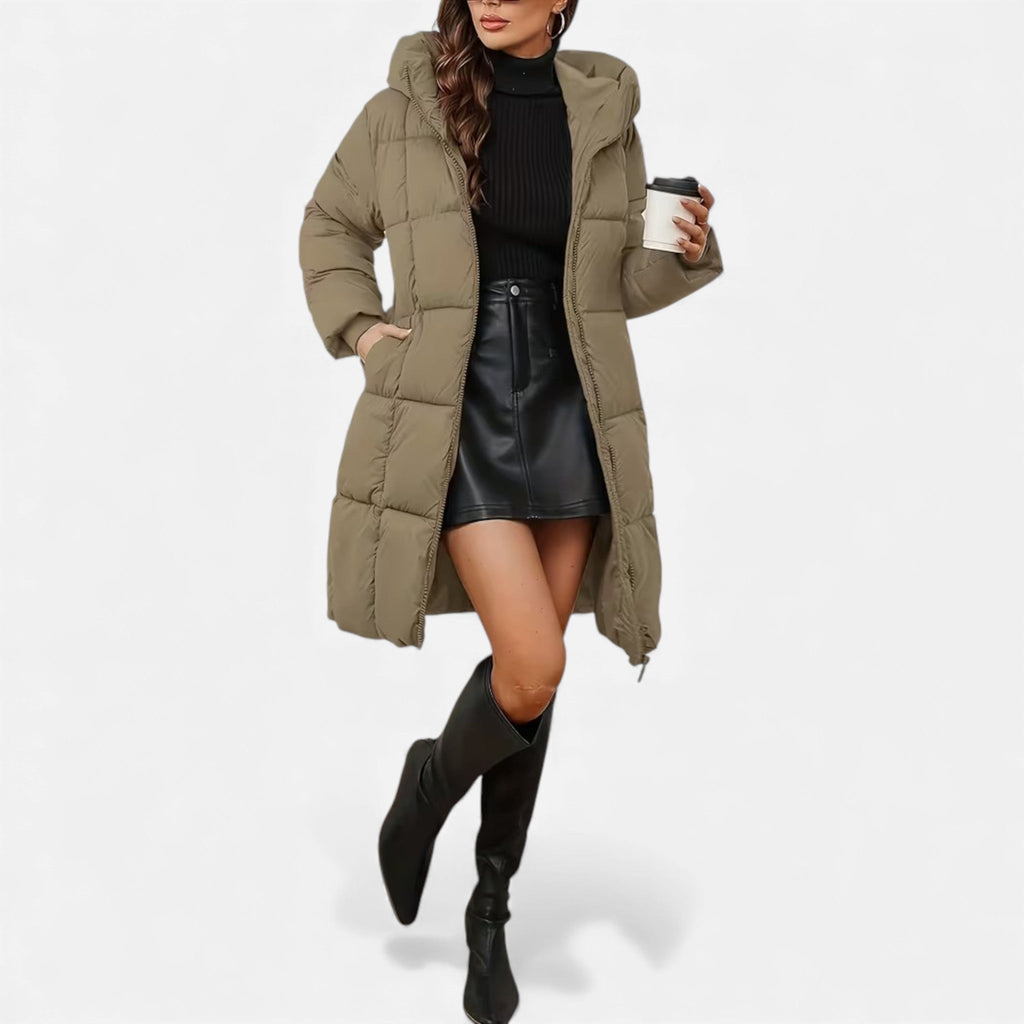 Curvape Hooded Longline Puffer Coat – Quilted Padded Women Winter Casual Zip Front Pocket Coat