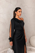 Drapnotte One-Shoulder Maxi Dress – Satin Evening Women Formal Elegant Party Maxi Dress