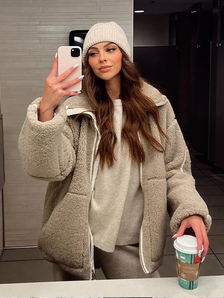 Dropela Oversized Teddy Jacket – Fleece Zip Up Women Casual Streetwear Cosy Autumn Winter Jacket