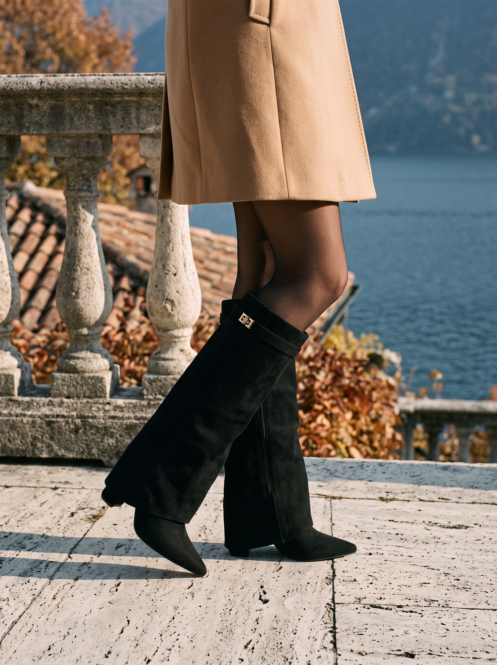 Buckstra Knee-High Wedge Boots – Suede Knee High Boots Women Block Heel Pointed Toe Elegant