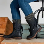 Twinitte Lace-Up Mid-Calf Boots – Women Suede Knit Cuff Winter Casual Outdoor Flat Ankle Boots