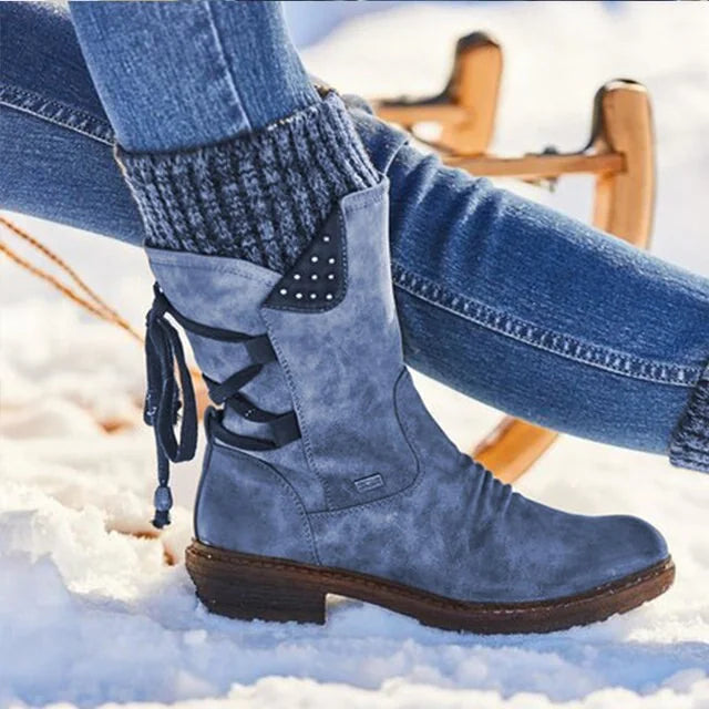 Twinitte Lace-Up Mid-Calf Boots – Women Suede Knit Cuff Winter Casual Outdoor Flat Ankle Boots