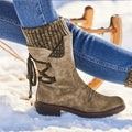 Twinitte Lace-Up Mid-Calf Boots – Women Suede Knit Cuff Winter Casual Outdoor Flat Ankle Boots