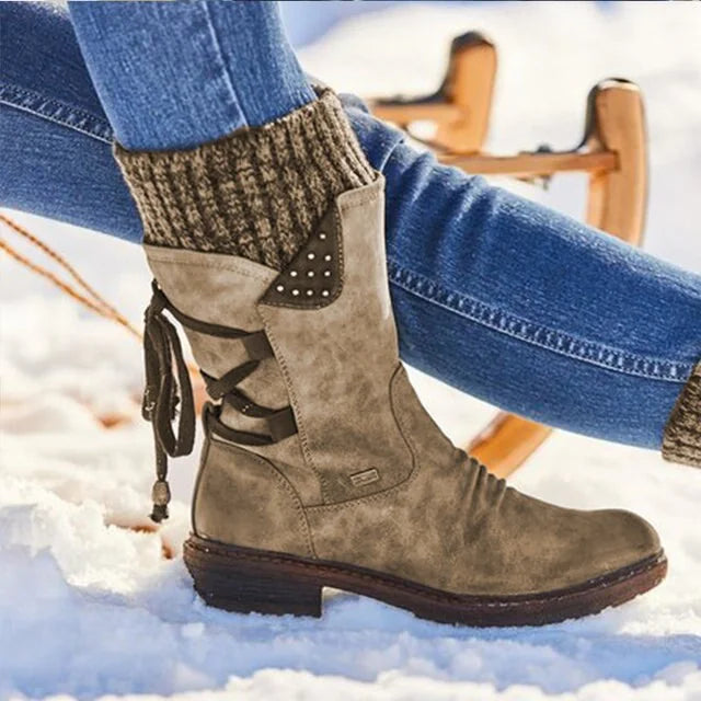 Twinitte Lace-Up Mid-Calf Boots – Women Suede Knit Cuff Winter Casual Outdoor Flat Ankle Boots