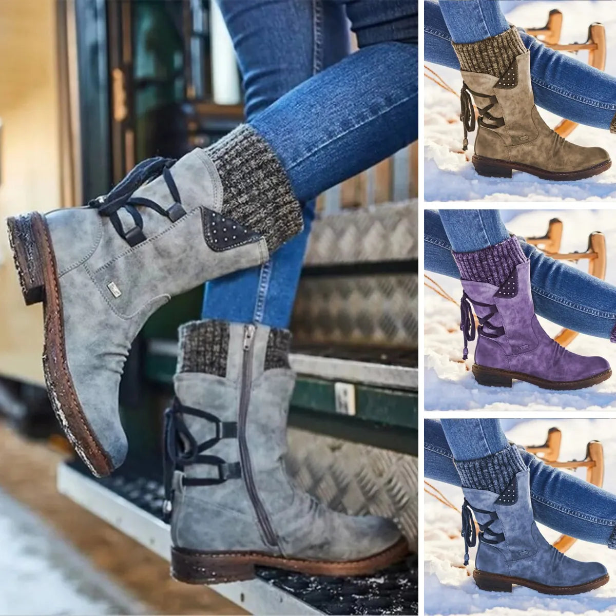 Twinitte Lace-Up Mid-Calf Boots – Women Suede Knit Cuff Winter Casual Outdoor Flat Ankle Boots