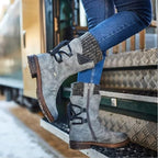 Twinitte Lace-Up Mid-Calf Boots – Women Suede Knit Cuff Winter Casual Outdoor Flat Ankle Boots