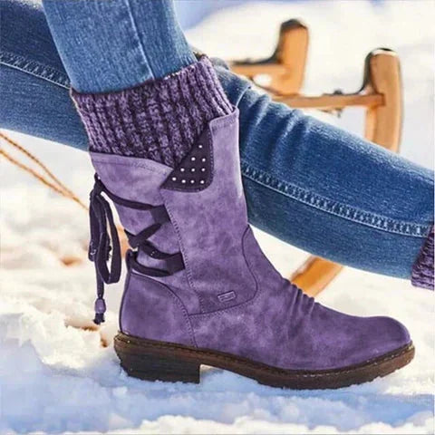 Twinitte Lace-Up Mid-Calf Boots – Women Suede Knit Cuff Winter Casual Outdoor Flat Ankle Boots