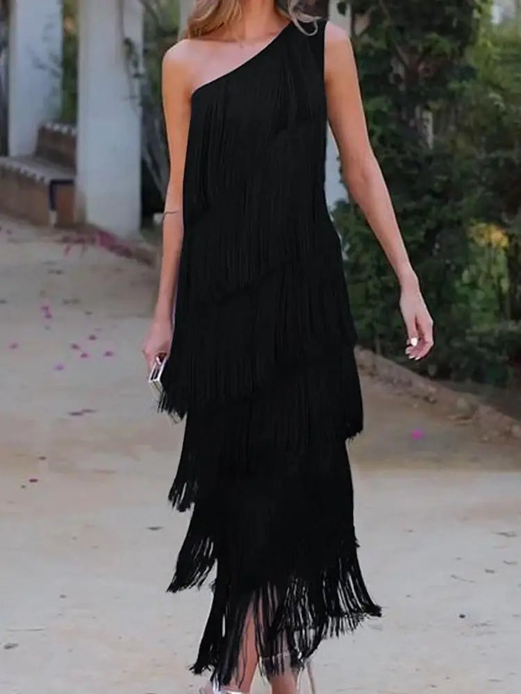 Tierfyn One Shoulder Fringe Maxi Dress – Tiered Women Evening Party Cocktail Formal Ladies Maxi Dress