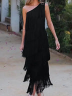 Tierfyn One Shoulder Fringe Maxi Dress – Tiered Women Evening Party Cocktail Formal Ladies Maxi Dress
