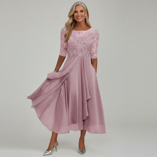 Lace Bodice Three-Quarter Sleeve Midi Dress