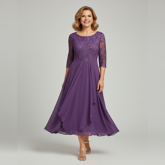 Lace Bodice Three-Quarter Sleeve Midi Dress