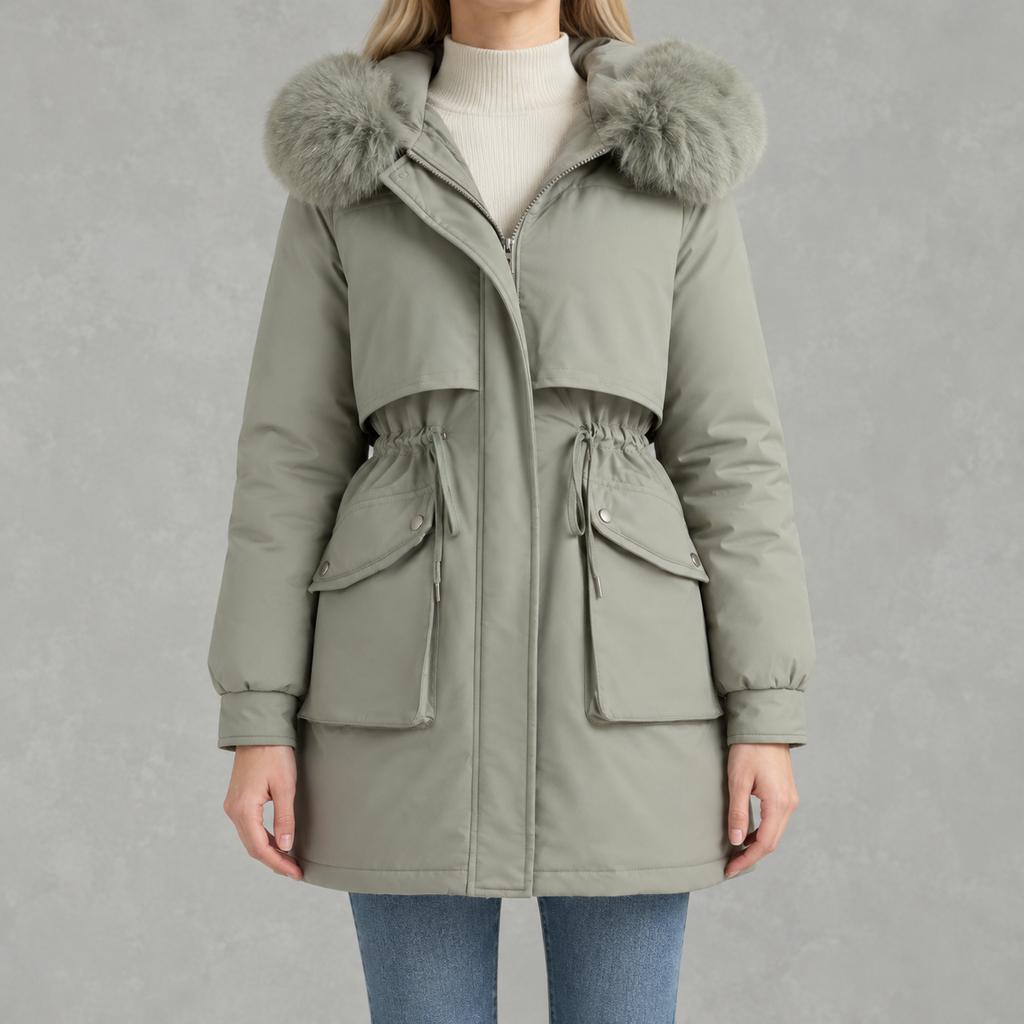 Cinchora Hooded Parka Coat – Faux Fur Trim Winter Women Casual Outerwear Mid-Length Jacket