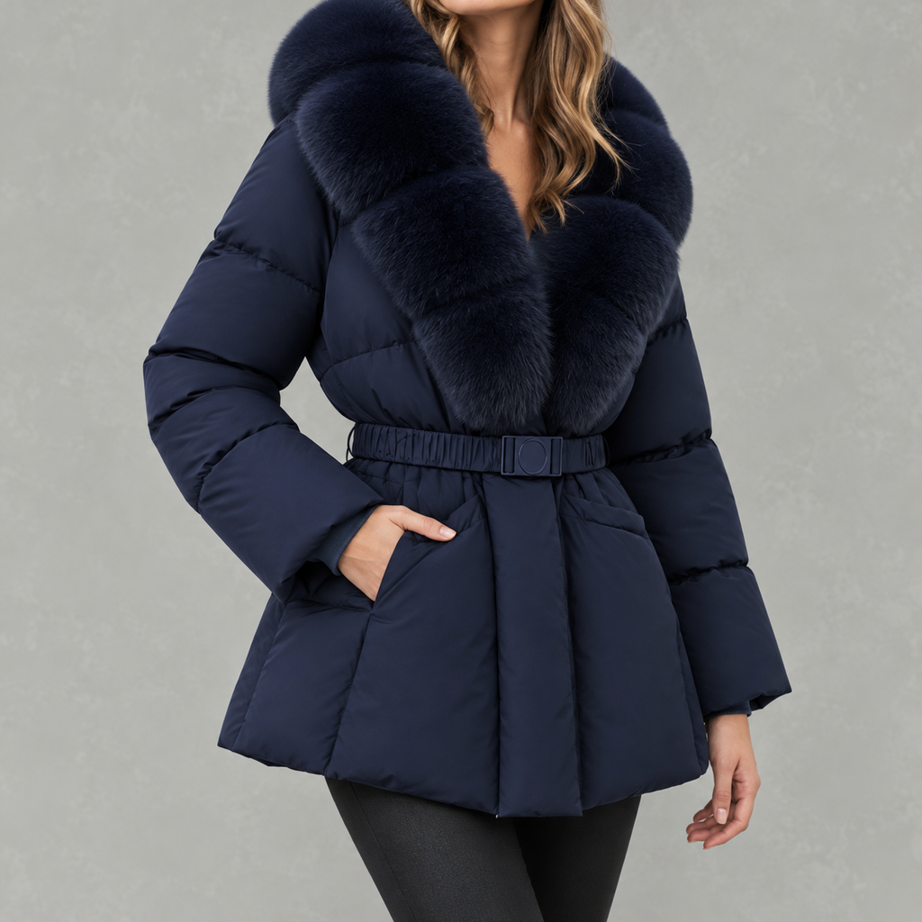 Shawdren Faux Fur Collar Belted Puffer Coat – Padded Quilted Women Winter Jacket Ladies Long Puffer Coat