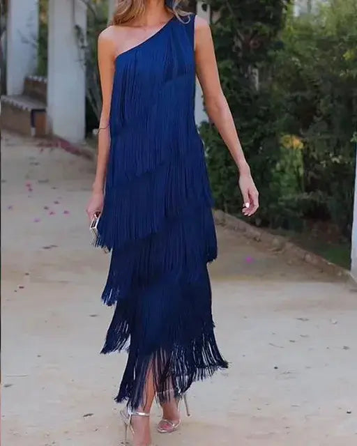 Tierfyn One Shoulder Fringe Maxi Dress – Tiered Women Evening Party Cocktail Formal Ladies Maxi Dress