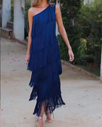 Tierfyn One Shoulder Fringe Maxi Dress – Tiered Women Evening Party Cocktail Formal Ladies Maxi Dress