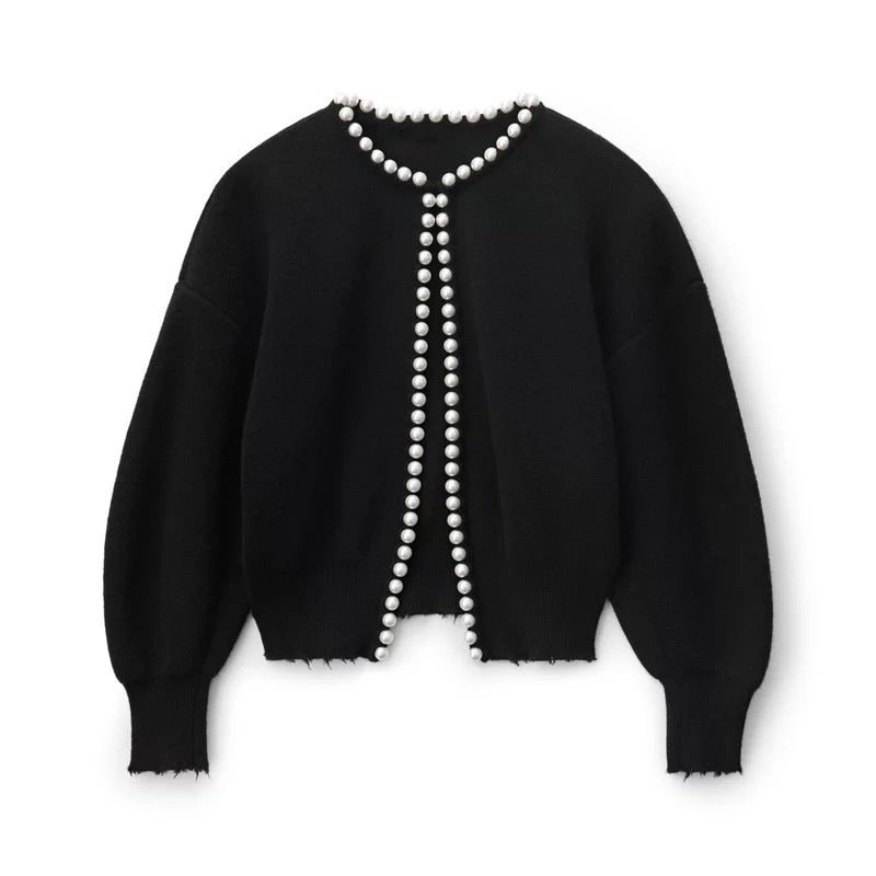 Perlintrim Cropped Cardigan – Ribbed Knit Pearl Embellished Women Sweater Fall Autumn Ladies Short Cardigan