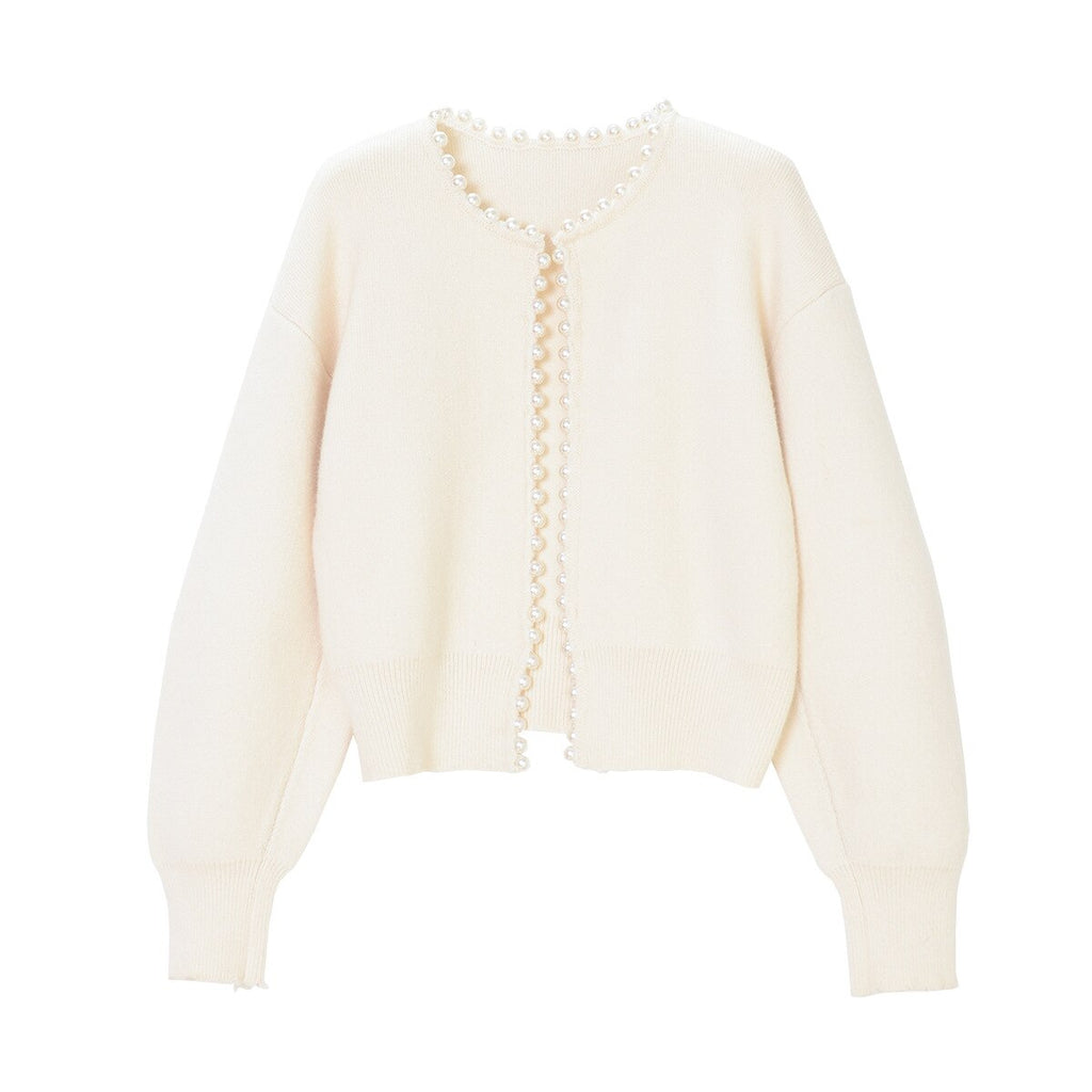 Perlintrim Cropped Cardigan – Ribbed Knit Pearl Embellished Women Sweater Fall Autumn Ladies Short Cardigan