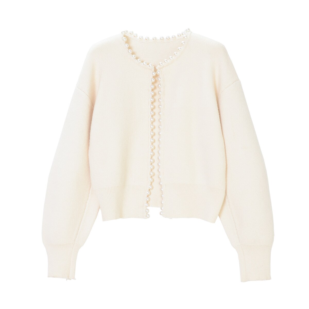 Perlintrim Cropped Cardigan – Ribbed Knit Pearl Embellished Women Sweater Fall Autumn Ladies Short Cardigan