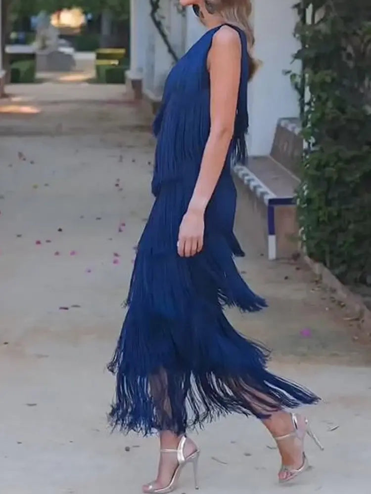 Tierfyn One Shoulder Fringe Maxi Dress – Tiered Women Evening Party Cocktail Formal Ladies Maxi Dress