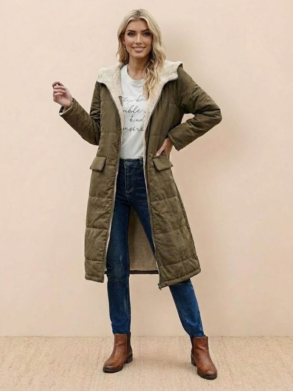 Quilchanne Sherpa-Lined Longline Puffer Coat – Quilted Hooded Women Puffer Jacket Winter Casual Outdoor Teddy Fleece Longline Coat