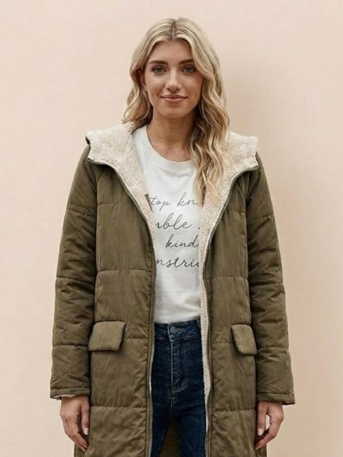 Quilchanne Sherpa-Lined Longline Puffer Coat – Quilted Hooded Women Puffer Jacket Winter Casual Outdoor Teddy Fleece Longline Coat
