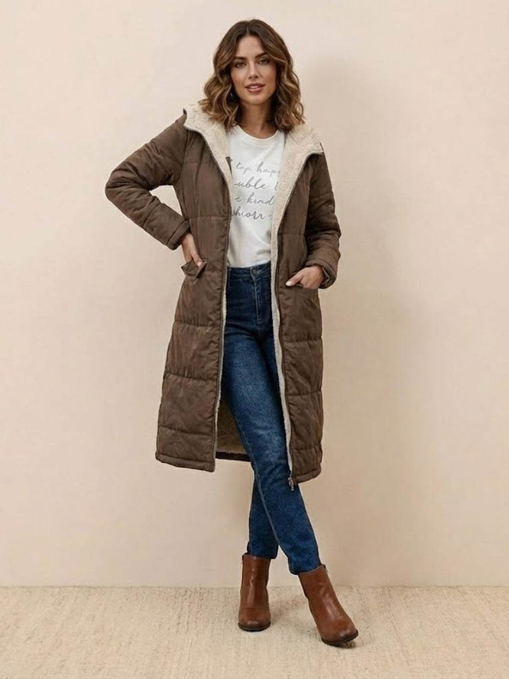 Quilchanne Sherpa-Lined Longline Puffer Coat – Quilted Hooded Women Puffer Jacket Winter Casual Outdoor Teddy Fleece Longline Coat