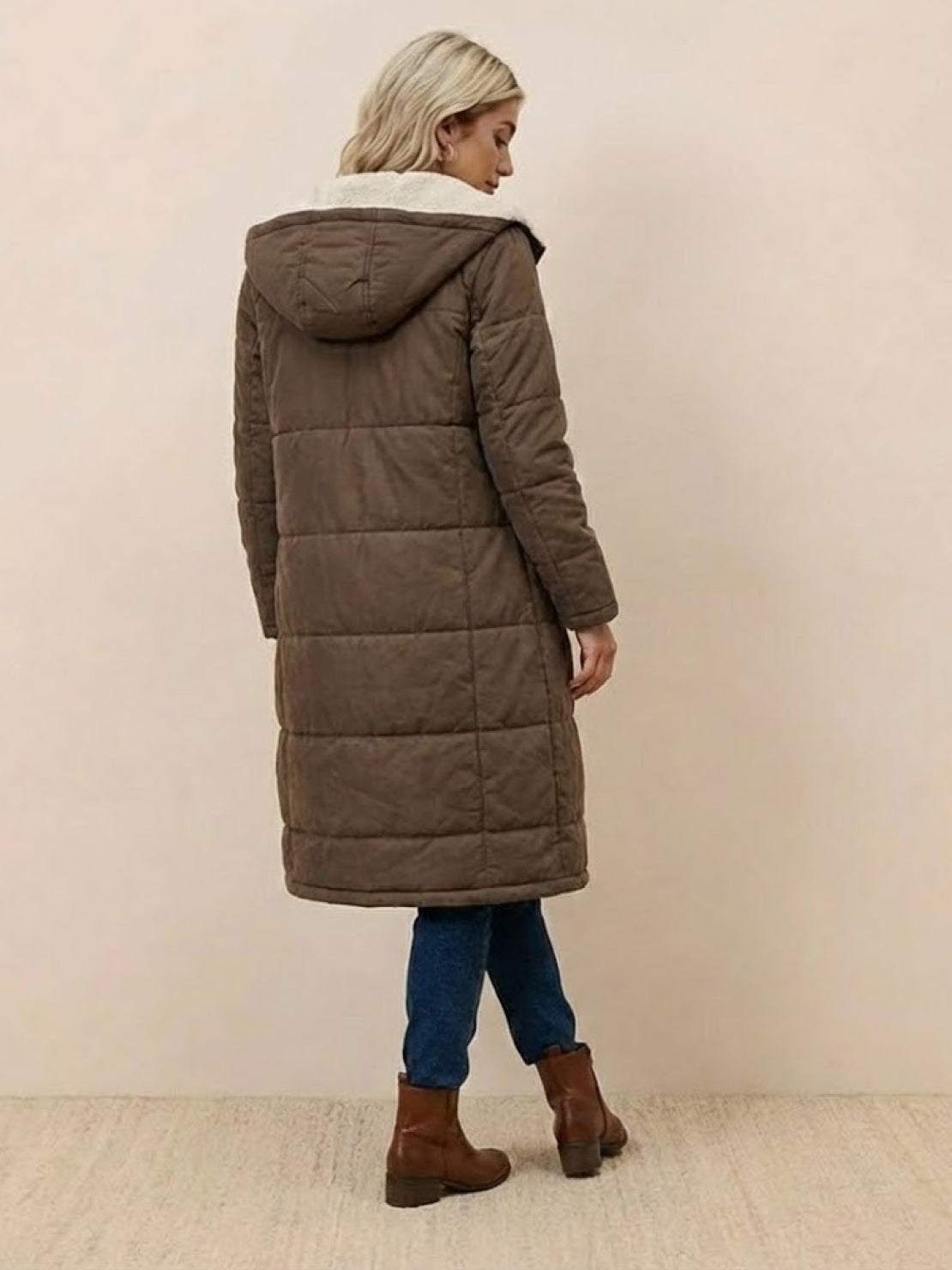 Quilchanne Sherpa-Lined Longline Puffer Coat – Quilted Hooded Women Puffer Jacket Winter Casual Outdoor Teddy Fleece Longline Coat