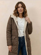 Quilchanne Sherpa-Lined Longline Puffer Coat – Quilted Hooded Women Puffer Jacket Winter Casual Outdoor Teddy Fleece Longline Coat