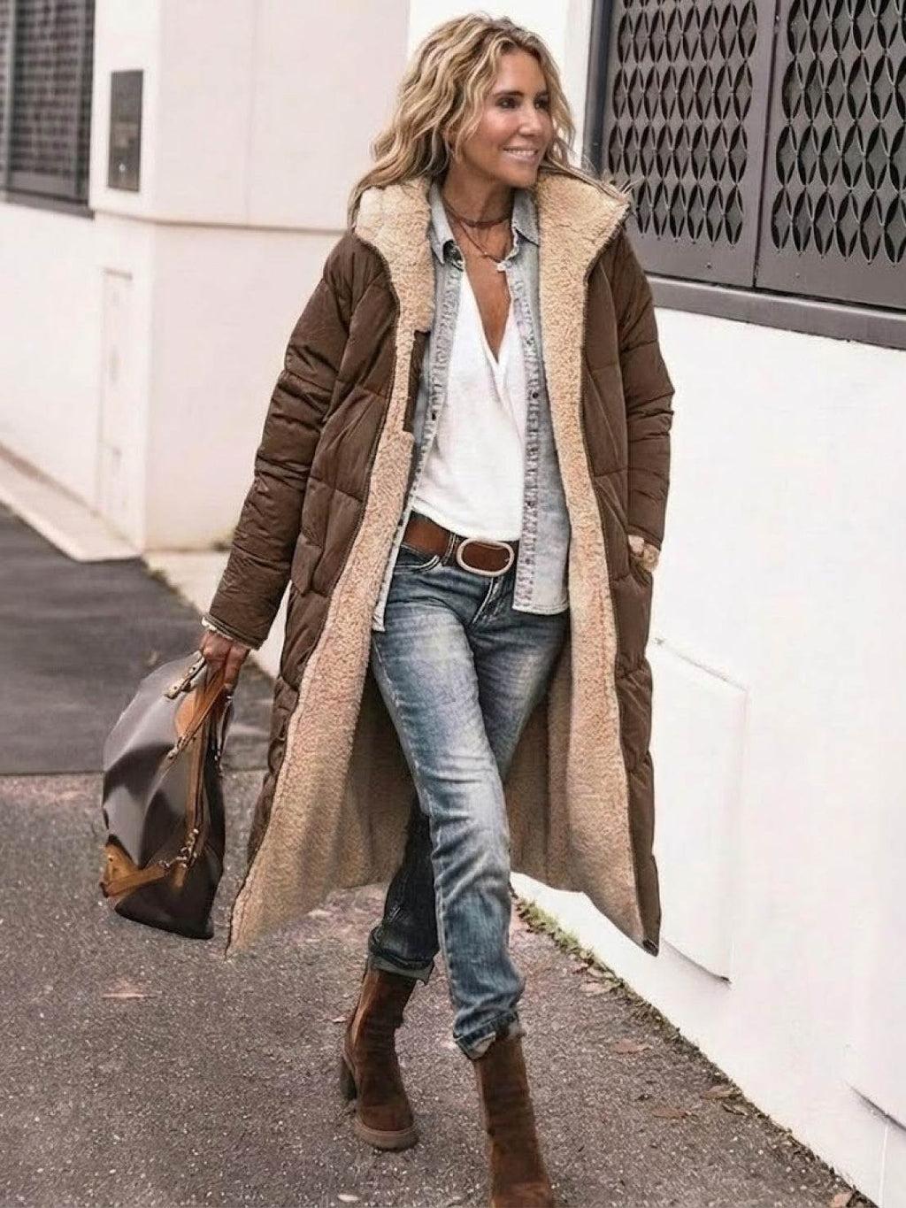 Quilchanne Sherpa-Lined Longline Puffer Coat – Quilted Hooded Women Puffer Jacket Winter Casual Outdoor Teddy Fleece Longline Coat