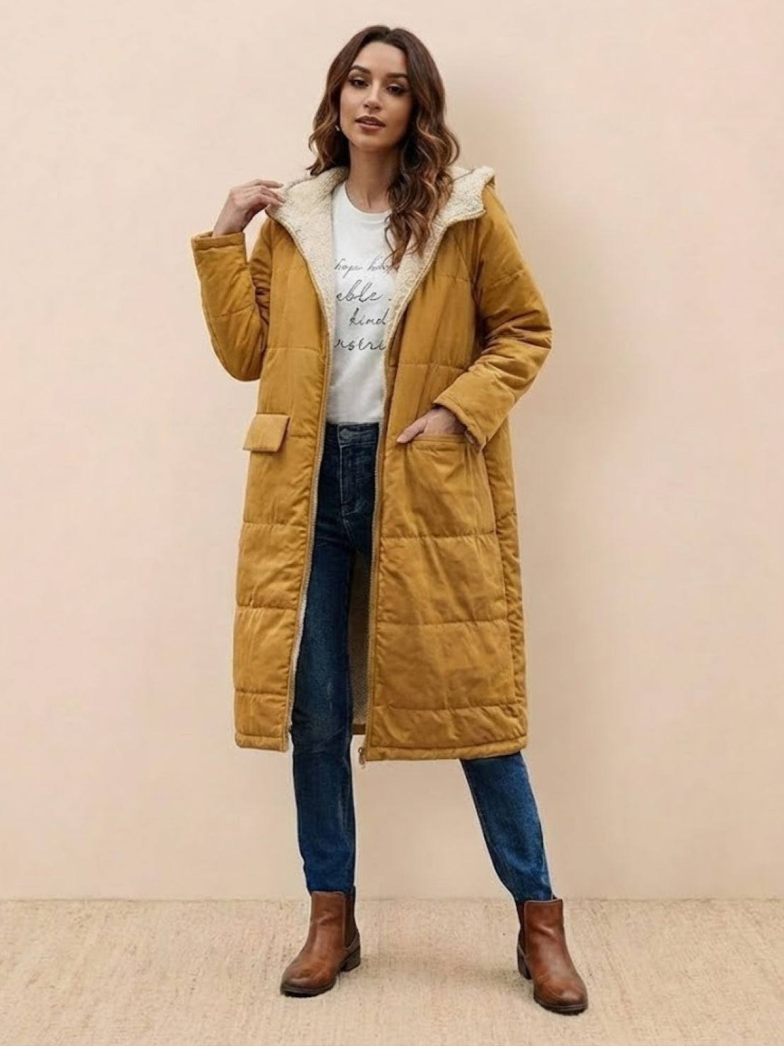 Quilchanne Sherpa-Lined Longline Puffer Coat – Quilted Hooded Women Puffer Jacket Winter Casual Outdoor Teddy Fleece Longline Coat