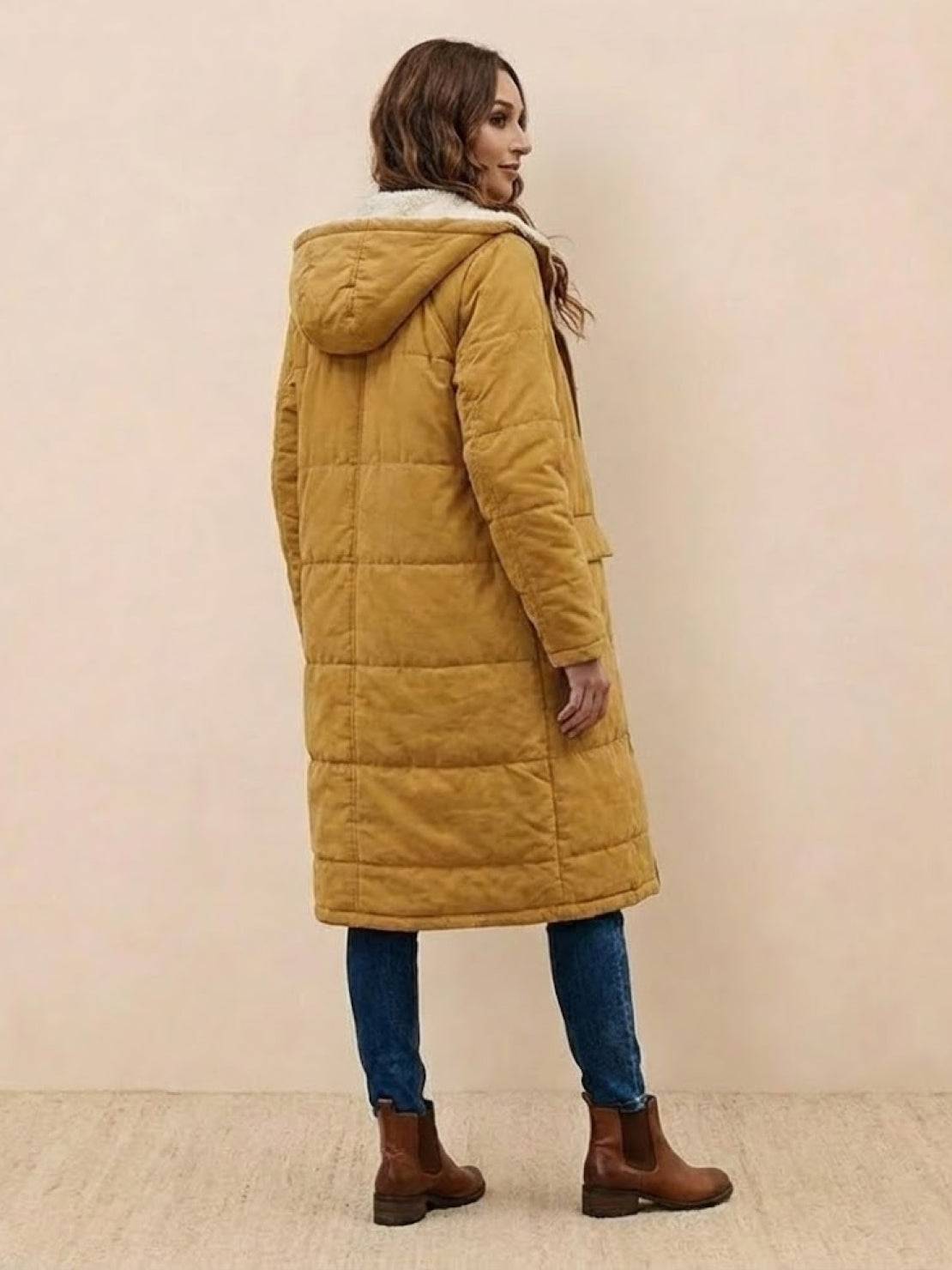 Quilchanne Sherpa-Lined Longline Puffer Coat – Quilted Hooded Women Puffer Jacket Winter Casual Outdoor Teddy Fleece Longline Coat