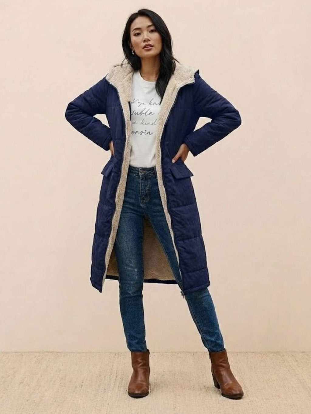 Quilchanne Sherpa-Lined Longline Puffer Coat – Quilted Hooded Women Puffer Jacket Winter Casual Outdoor Teddy Fleece Longline Coat