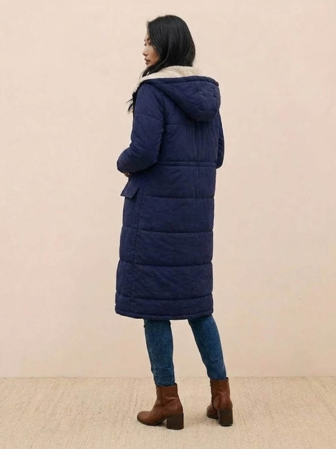 Quilchanne Sherpa-Lined Longline Puffer Coat – Quilted Hooded Women Puffer Jacket Winter Casual Outdoor Teddy Fleece Longline Coat