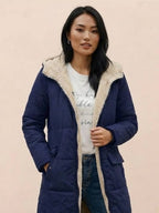 Quilchanne Sherpa-Lined Longline Puffer Coat – Quilted Hooded Women Puffer Jacket Winter Casual Outdoor Teddy Fleece Longline Coat