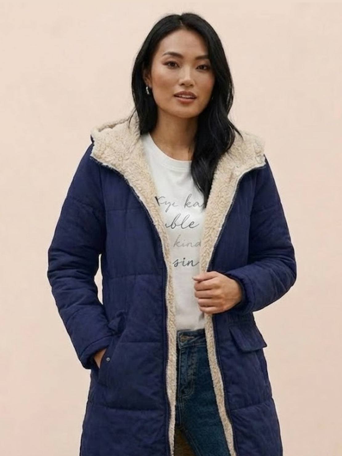 Quilchanne Sherpa-Lined Longline Puffer Coat – Quilted Hooded Women Puffer Jacket Winter Casual Outdoor Teddy Fleece Longline Coat