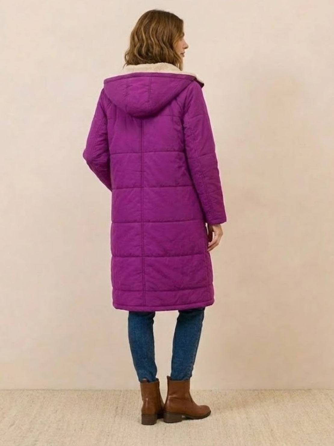 Quilchanne Sherpa-Lined Longline Puffer Coat – Quilted Hooded Women Puffer Jacket Winter Casual Outdoor Teddy Fleece Longline Coat