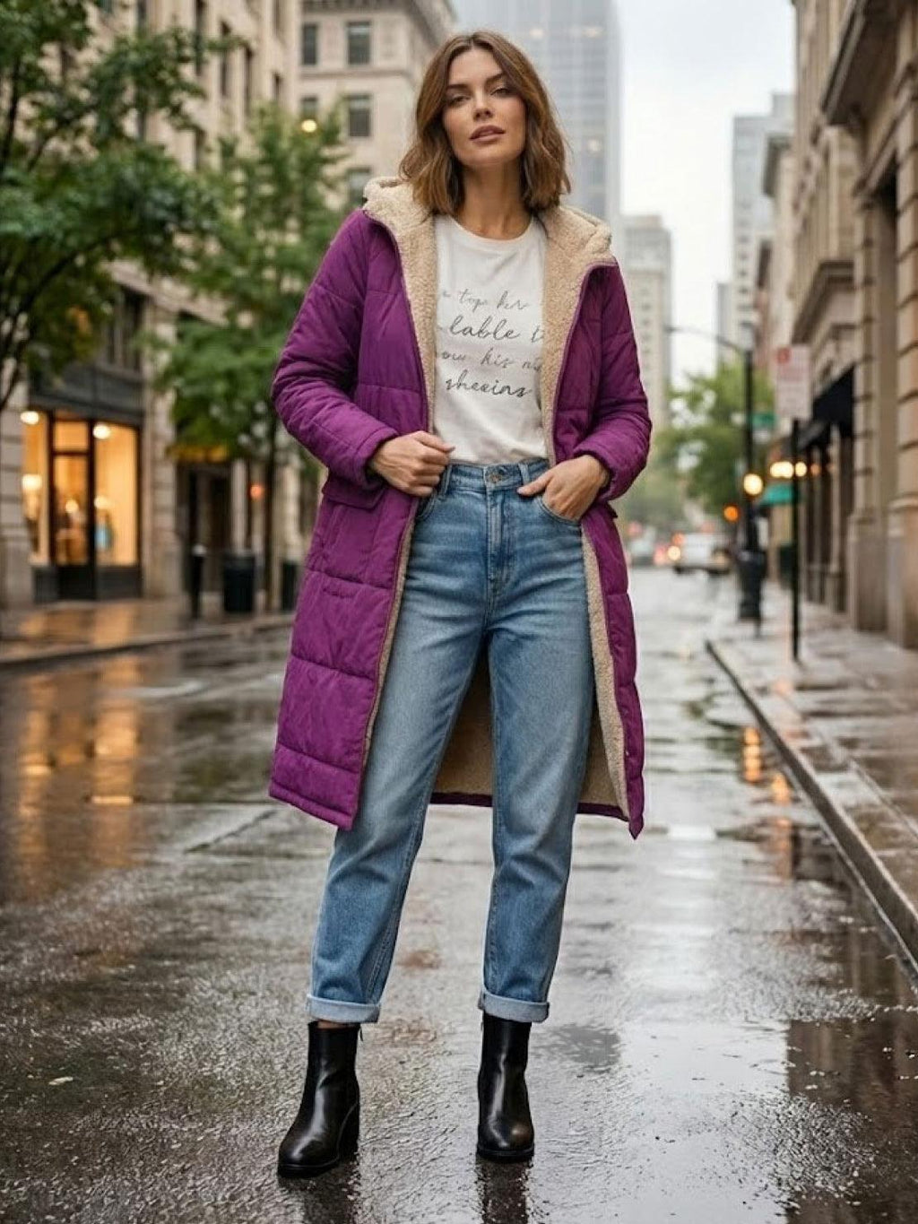 Quilchanne Sherpa-Lined Longline Puffer Coat – Quilted Hooded Women Puffer Jacket Winter Casual Outdoor Teddy Fleece Longline Coat