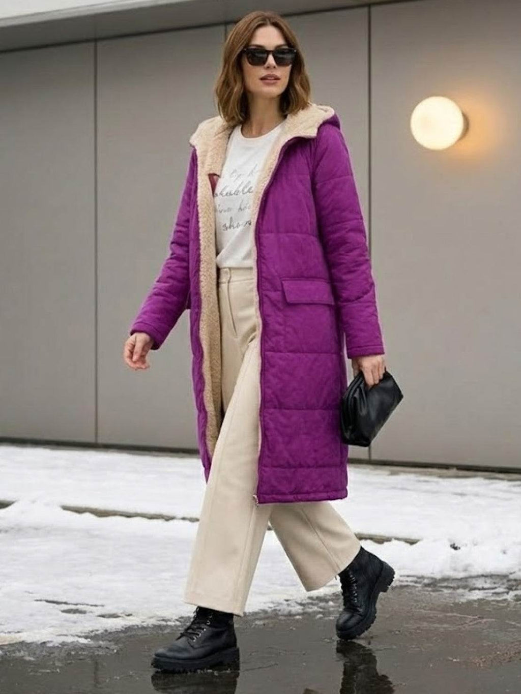 Quilchanne Sherpa-Lined Longline Puffer Coat – Quilted Hooded Women Puffer Jacket Winter Casual Outdoor Teddy Fleece Longline Coat