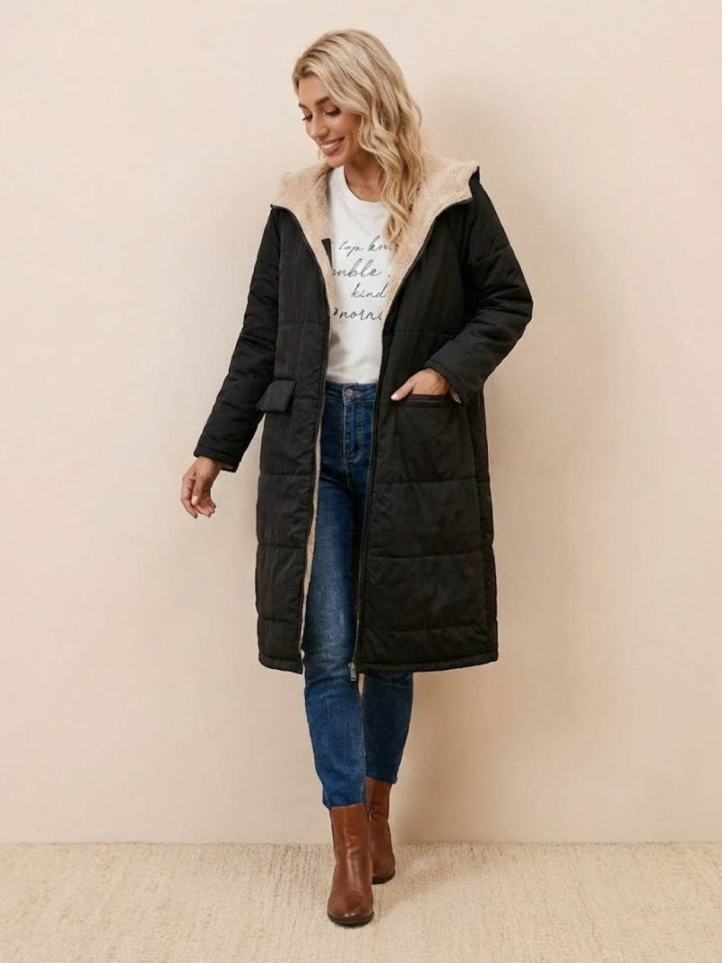 Quilchanne Sherpa-Lined Longline Puffer Coat – Quilted Hooded Women Puffer Jacket Winter Casual Outdoor Teddy Fleece Longline Coat