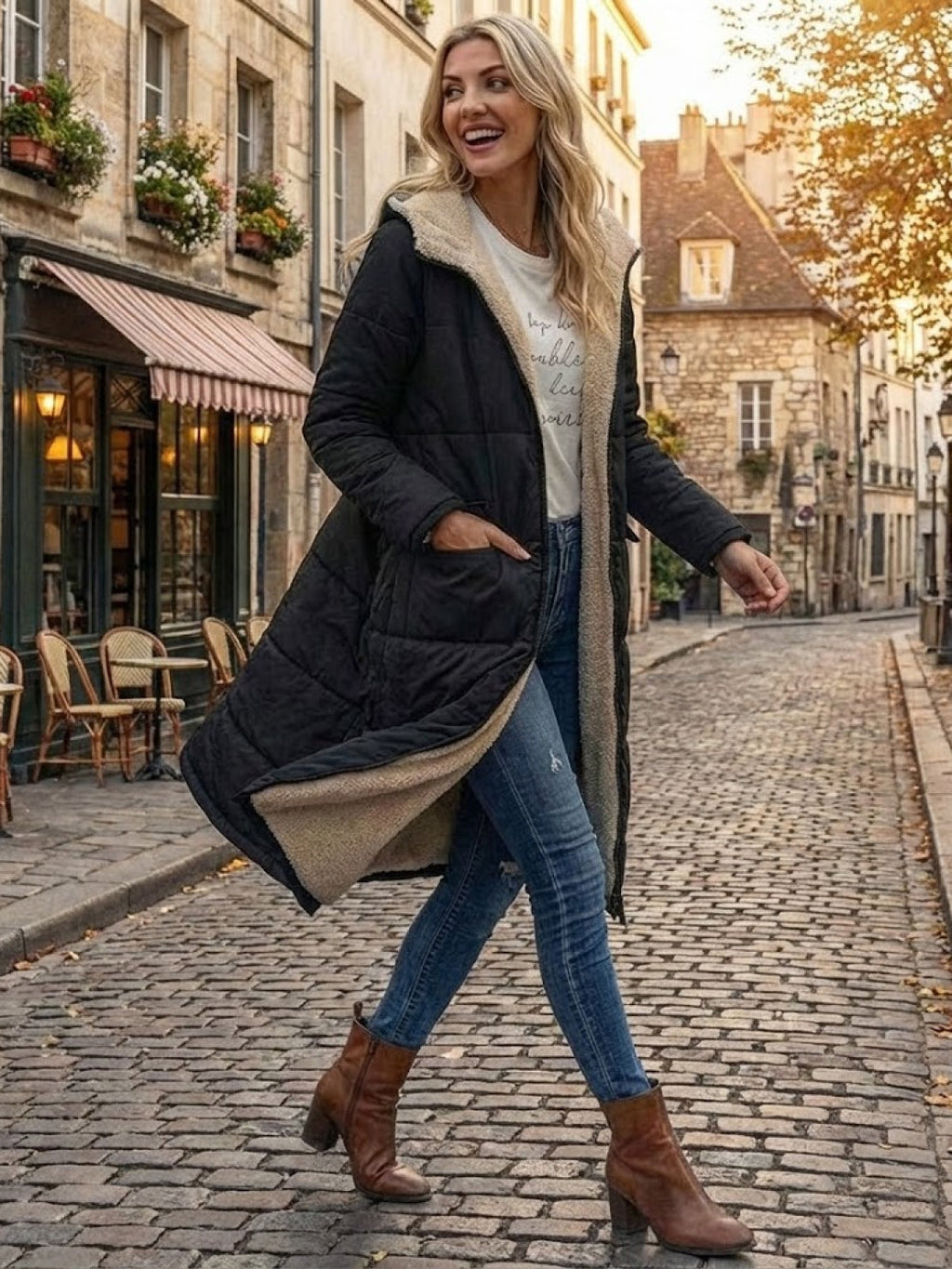 Quilchanne Sherpa-Lined Longline Puffer Coat – Quilted Hooded Women Puffer Jacket Winter Casual Outdoor Teddy Fleece Longline Coat