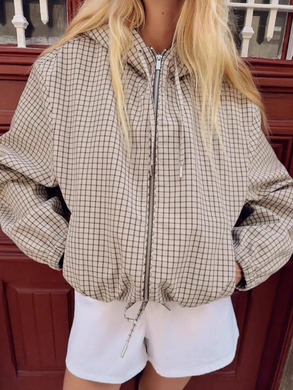 Cinchara Checked Cropped Puffer Jacket – Checkered Padded Women Streetwear Casual Hooded Crop Jacket