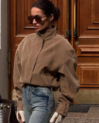 Ofzitta Funnel Neck Faux Suede Jacket – Oversized Women Casual Streetwear Bomber Zip Jacket