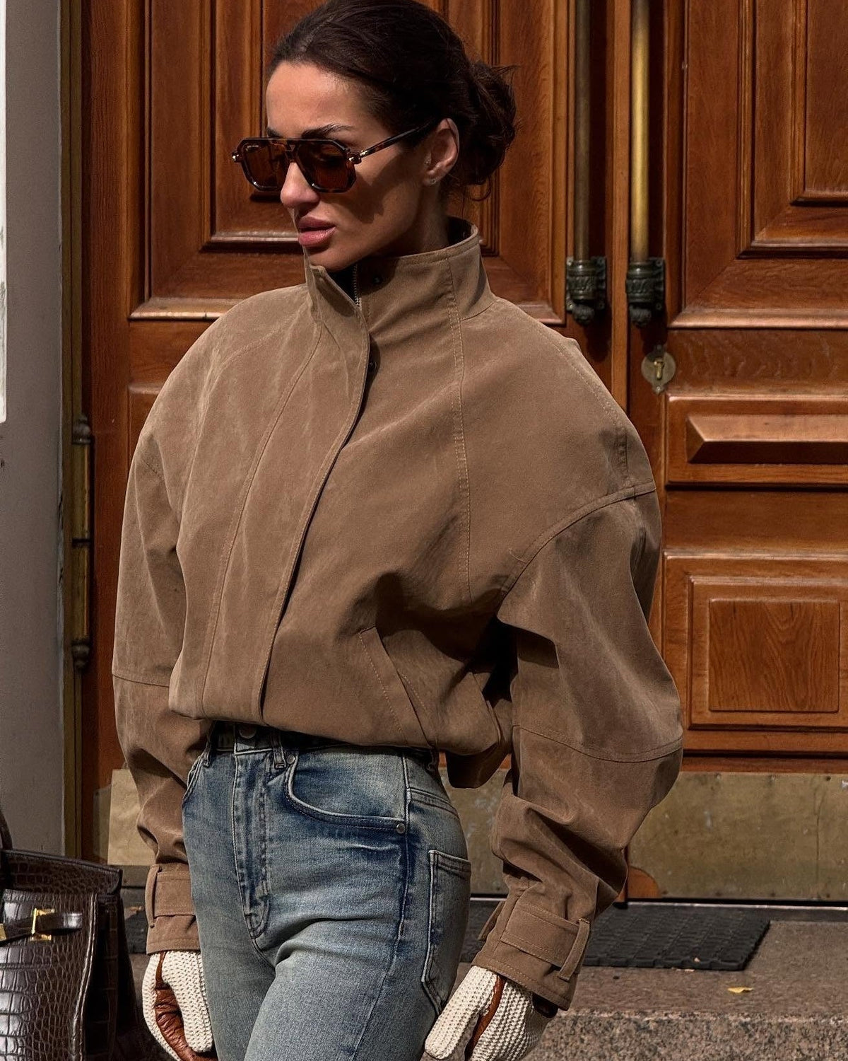 Ofzitta Funnel Neck Faux Suede Jacket – Oversized Women Casual Streetwear Bomber Zip Jacket