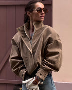 Ofzitta Funnel Neck Faux Suede Jacket – Oversized Women Casual Streetwear Bomber Zip Jacket