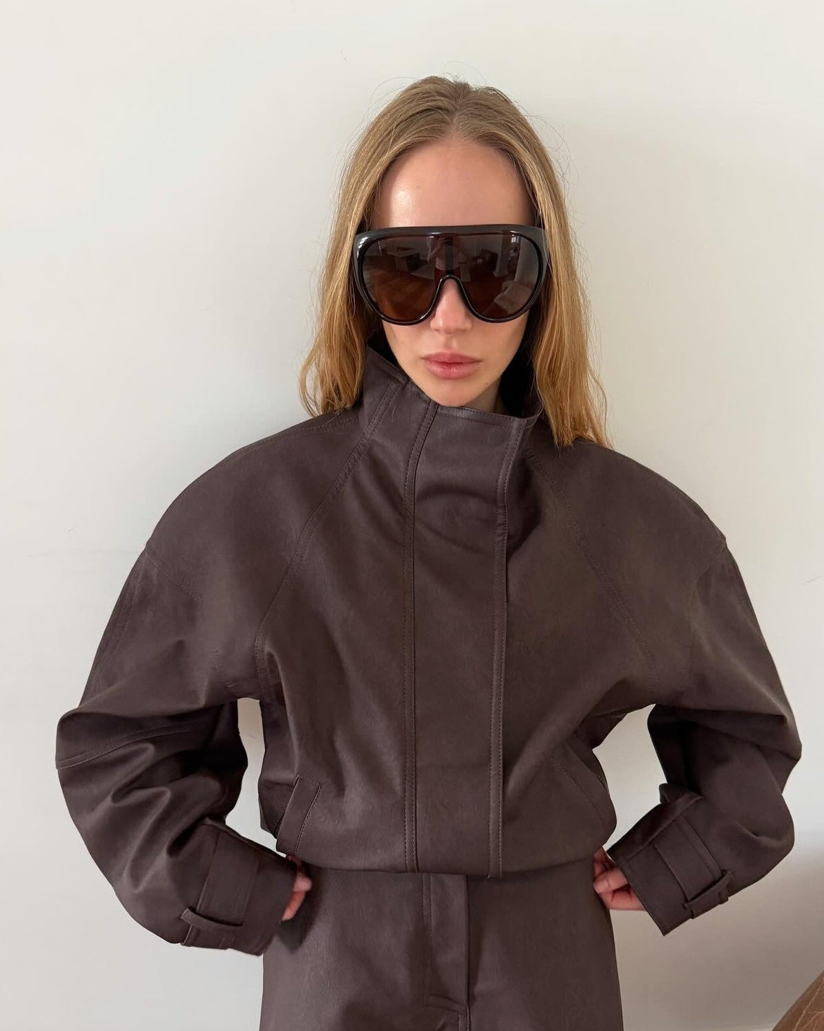 Ofzitta Funnel Neck Faux Suede Jacket – Oversized Women Casual Streetwear Bomber Zip Jacket