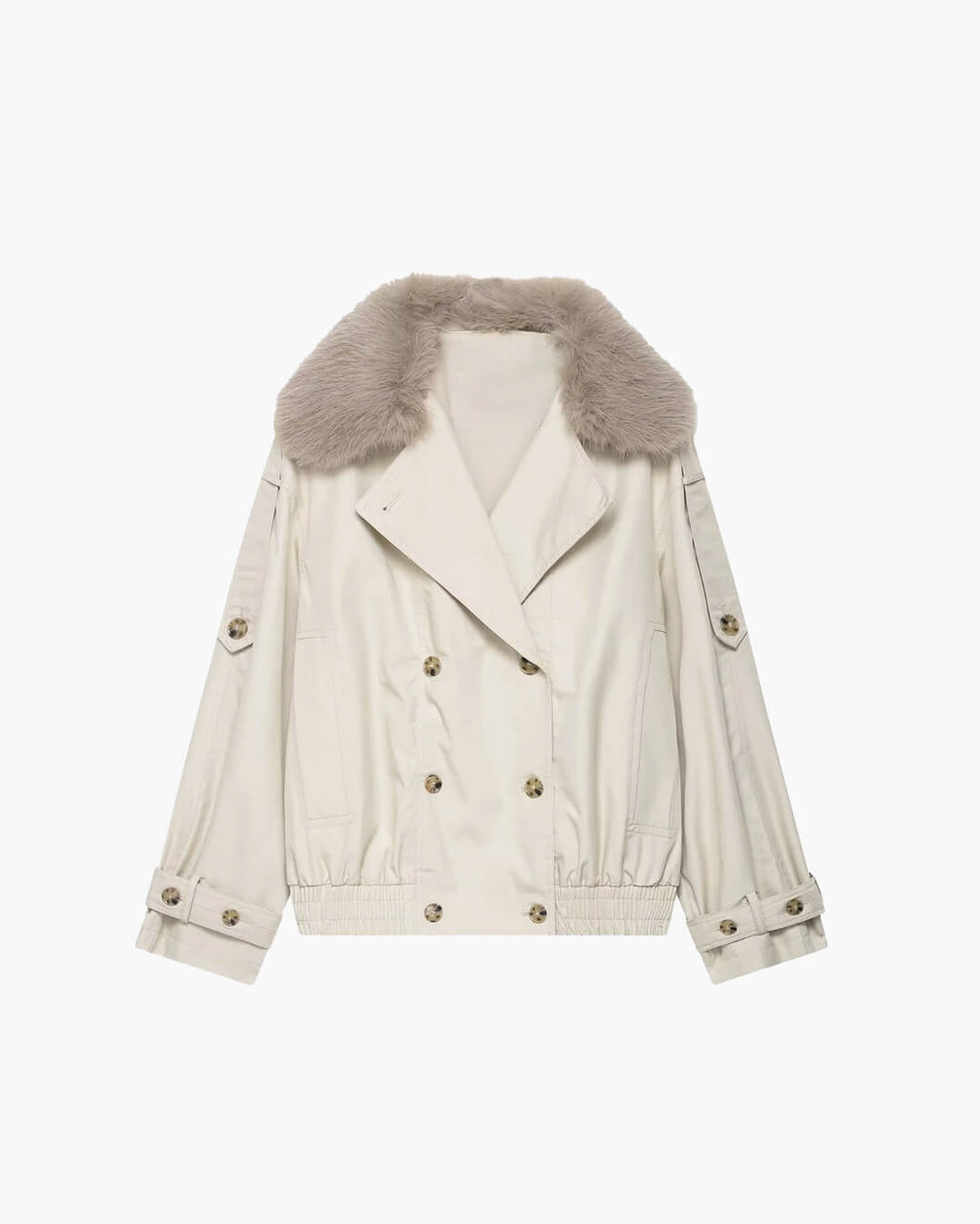 Furlette Faux Fur Double-Breasted Trench Jacket – Women Cropped Aviator Casual Winter Outerwear Blazer