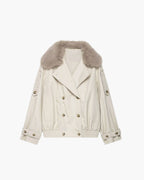 Furlette Faux Fur Double-Breasted Trench Jacket – Women Cropped Aviator Casual Winter Outerwear Blazer