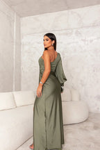Drapnotte One-Shoulder Maxi Dress – Satin Evening Women Formal Elegant Party Maxi Dress