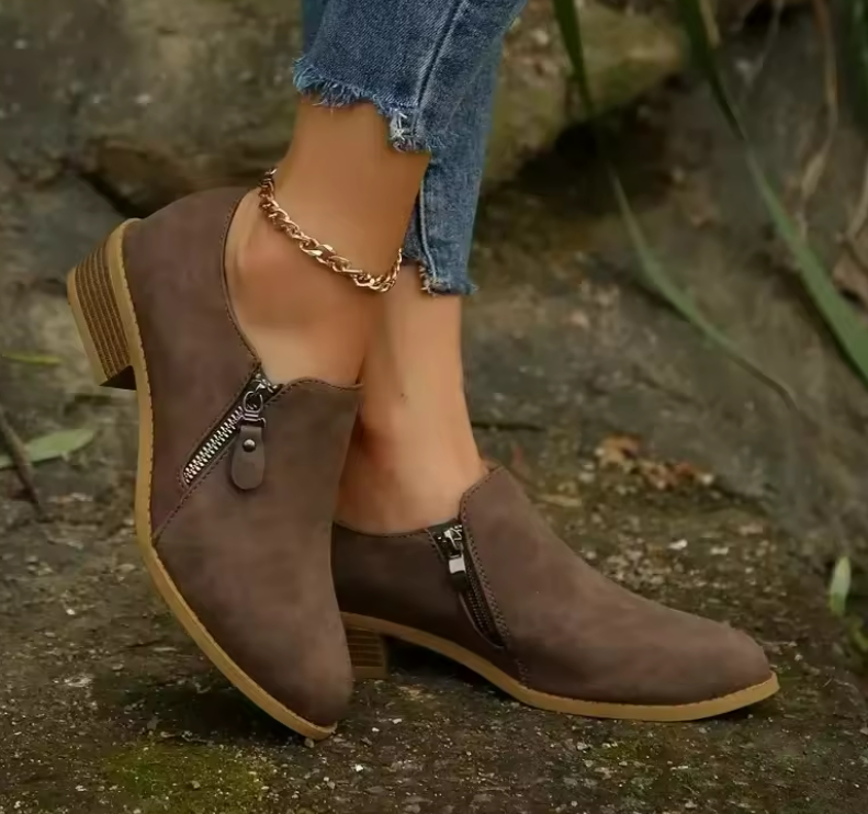 Ziphela Zip-Up Ankle Boots – Women Low Block Heel Casual Everyday Winter Ankle Boots