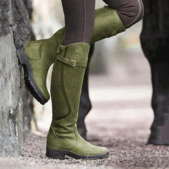 Bucktrem Knee-High Riding Boots – Women Faux Leather Block Heel Round Toe Autumn Winter Buckle Boots